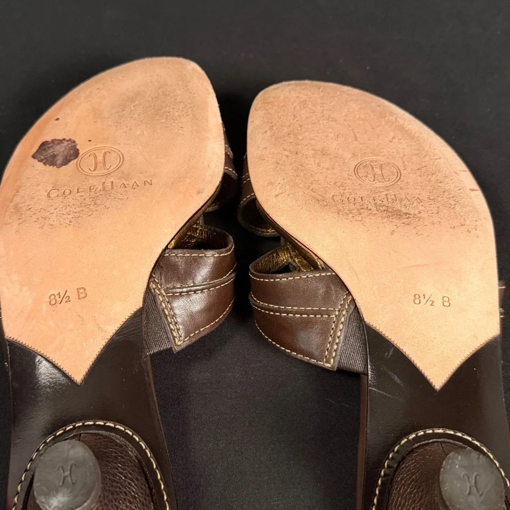 Cole Haan Brown Leather Studded Kitten Heel Slide Sandals D17471 Womens 8.5B